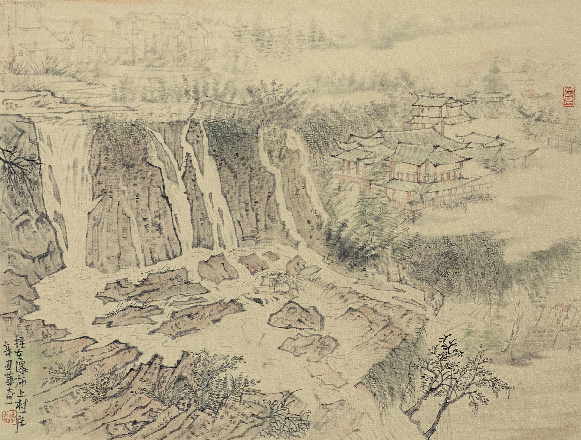 挂在瀑布上的村庄 2021 绢本设色.jpg