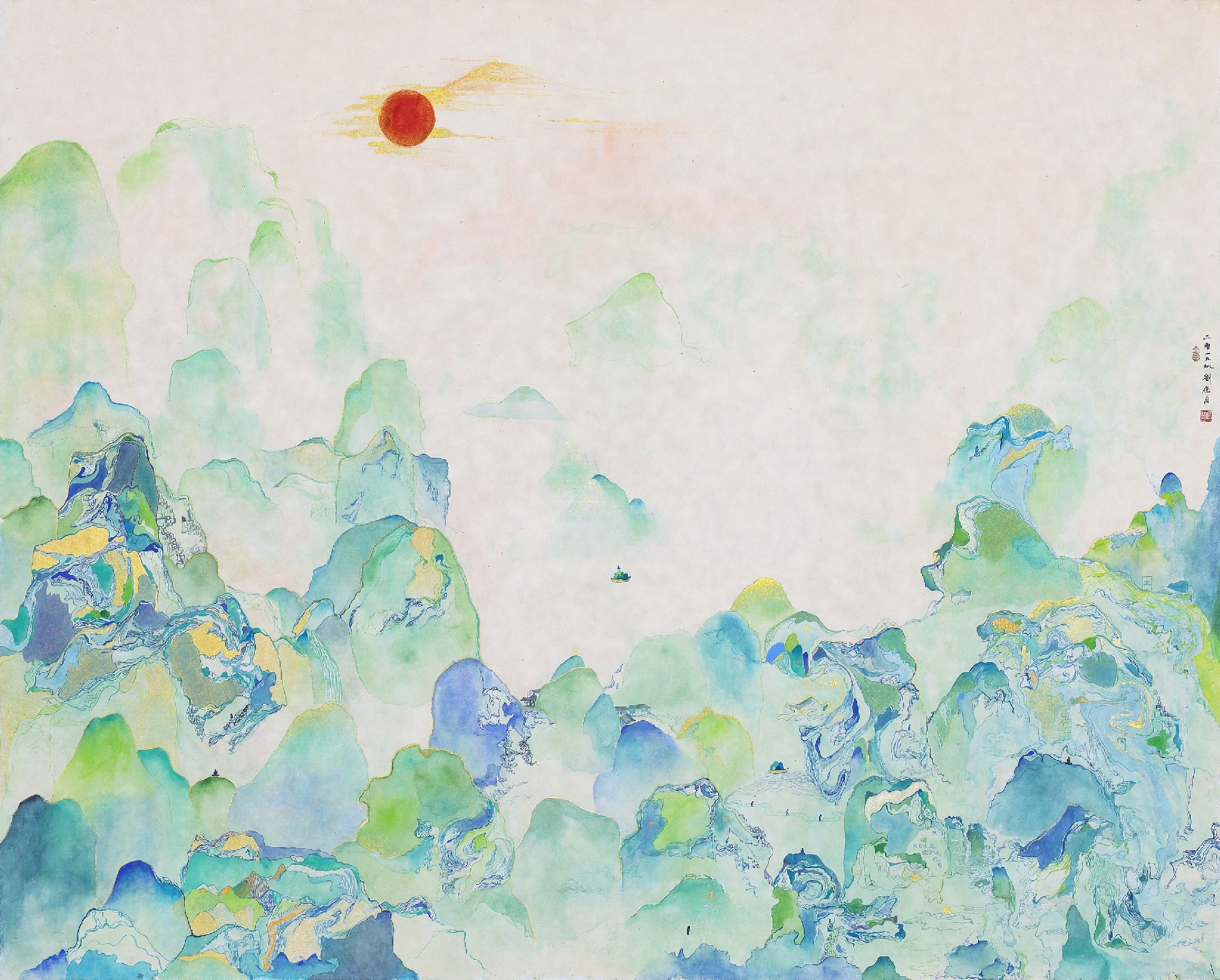 日落 青山, 130x162cm, 韩纸 marbling 设色, 2019.jpg