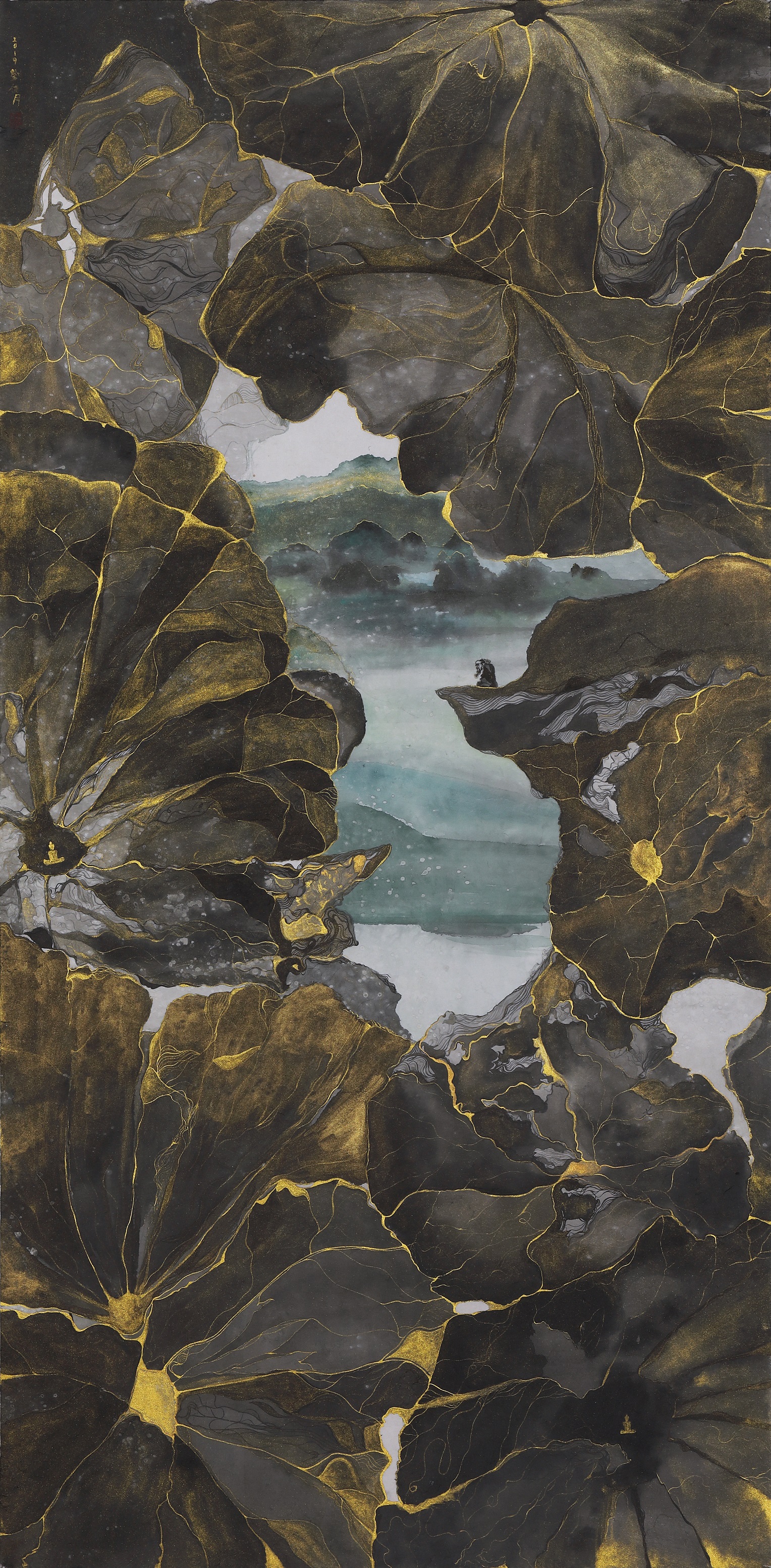 别有洞天, 138x68cm, 韩纸 marbling 设色, 2019.jpg